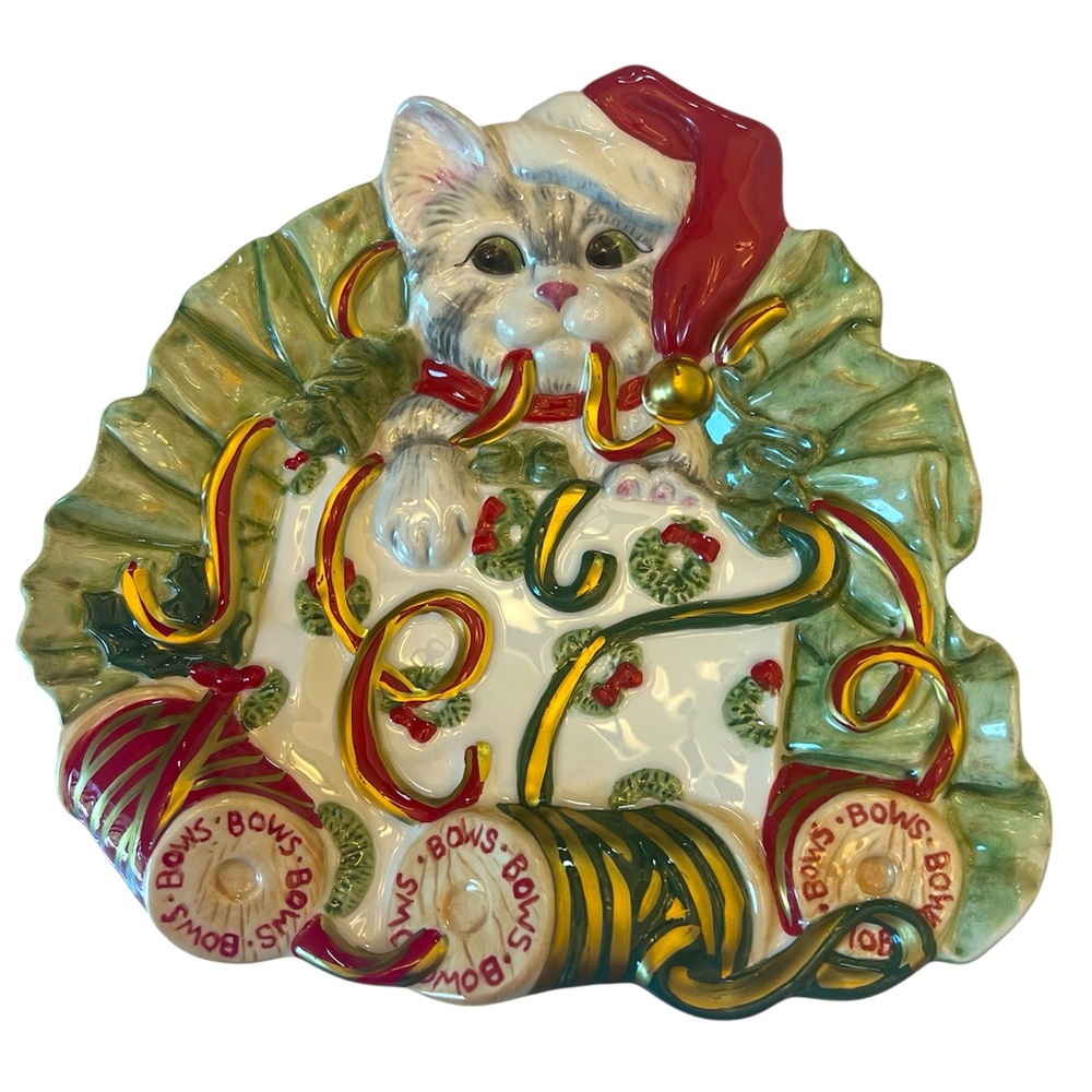 Cute Gray Kitten Plays with Christmas Ribbons on Decorative Plate by Fitz&Floyd